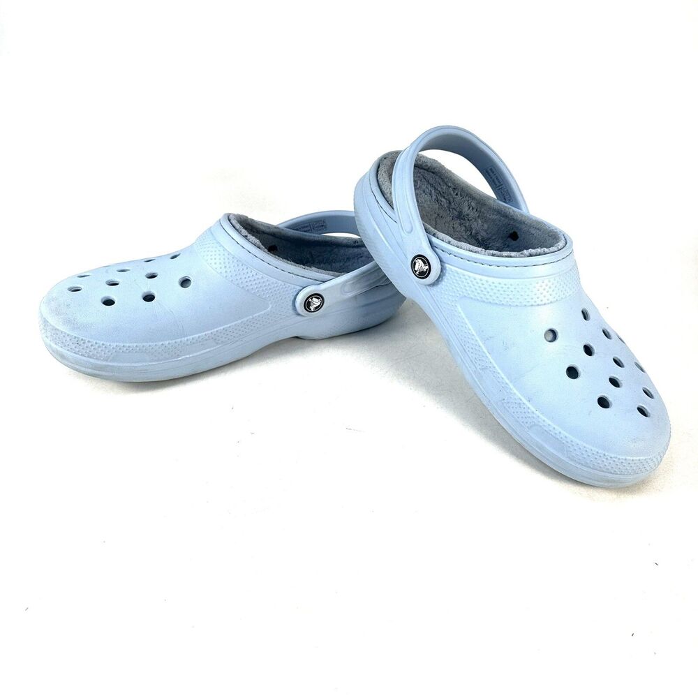 Crocs Classic Lined Mens 9 Womans 11 Faux Fur Slip On Clog Sandal Light Blue